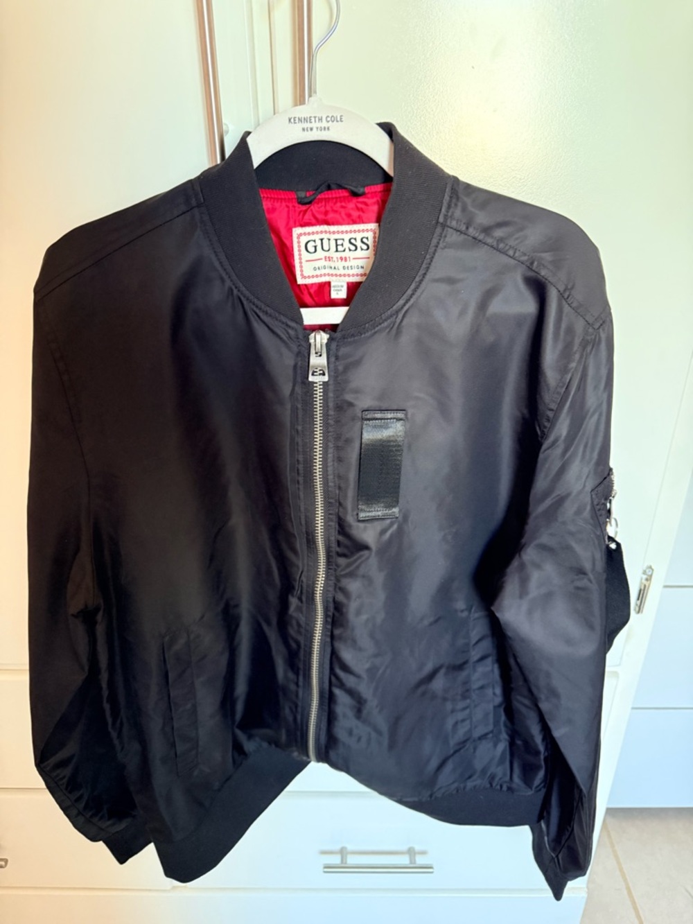 GUESS Men’s Black Bomber Jacket with Red Lining